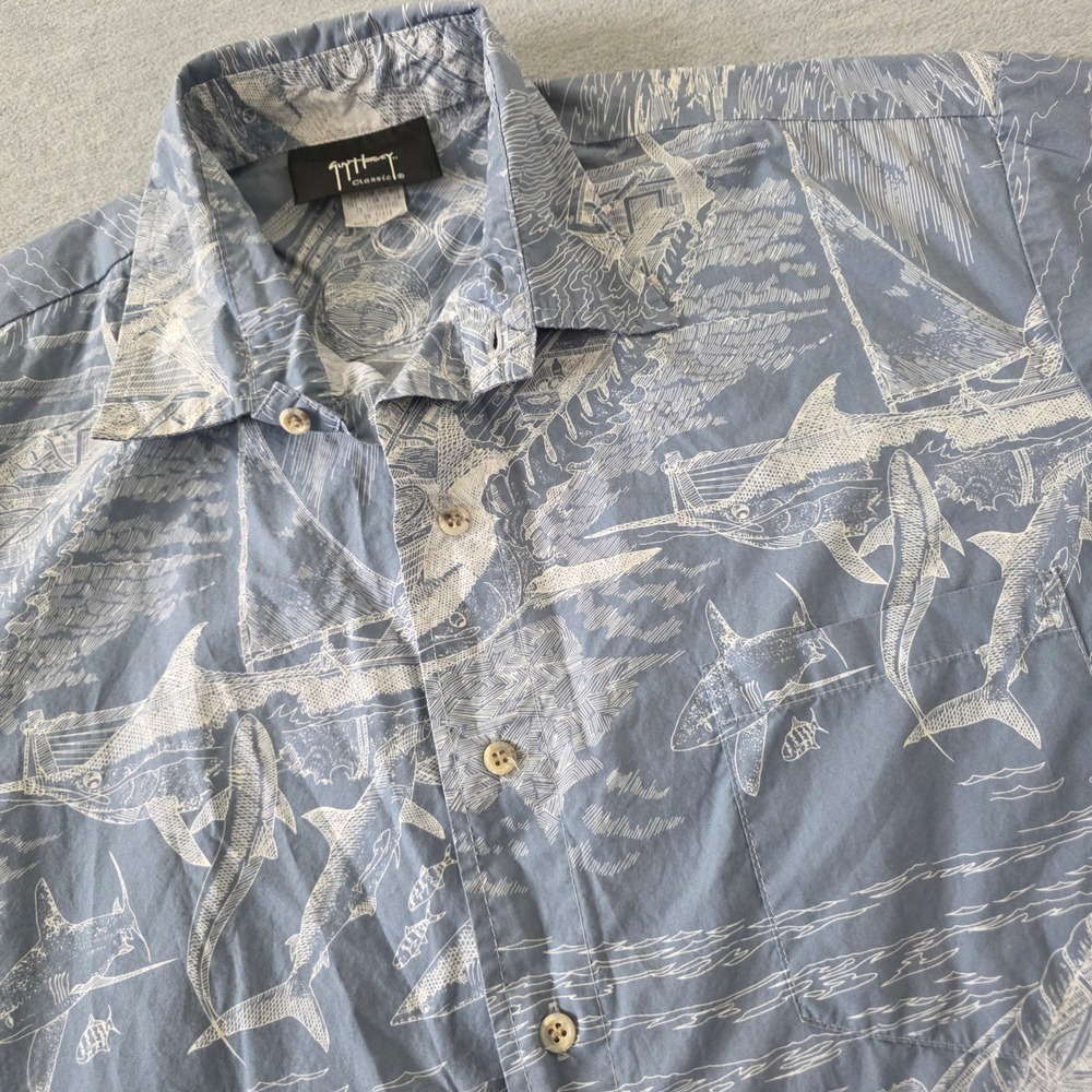 Guy Harvey Classic Mens Medium Blue Nautical Shark Marlin Sailboat Cotton Shirt